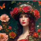 Woman with Red Flowers and Butterflies in Helmet Headgear Surrounded by Florals