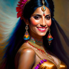 Digital artwork featuring smiling woman in traditional Indian jewelry