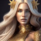 Fantasy woman portrait with long blonde hair and golden armor