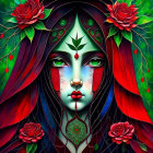 Digital artwork of woman with red hair, leaf patterns, green eyes, and roses - mystical forest theme