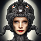 Person with stoic expression wearing coiled snake headdress with orange eyes