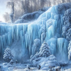 Frozen waterfall and snow-covered trees in serene winter landscape