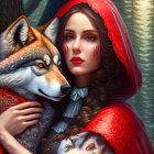 Digital artwork of young woman in red hooded cape with friendly wolf in mystical forest