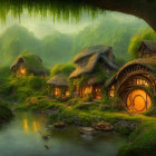 Tranquil fairy-tale village with thatched cottages and glowing lanterns