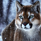 Majestic mountain lion with green eyes in snowy scene