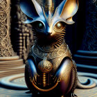 Ornate metallic rabbit sculpture with blue eyes on detailed background