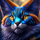 Colorful digital artwork: Mystical cat with blue fur and golden eyes on dark, foliage-filled backdrop