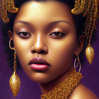 Digital portrait of woman in golden jewelry on warm-toned background