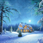 Snowy landscape with cozy cottage and full moon