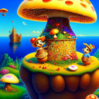 Colorful Anthropomorphic Mice on Mushroom with Ship and Flora