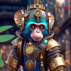 Steampunk-inspired monkey with blue face in armor against urban backdrop