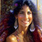 Smiling woman with decorative headpiece and vibrant colors