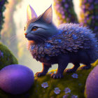 Fantastical cat with feather-like scales in enchanted forest among purple flora and butterflies