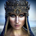 Intense-Eyed Woman in Ornate Metallic Headdress on Blue Background