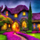 Whimsical cottage at twilight with purple thatched roof and vibrant surroundings