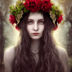 Woman with long wavy hair in floral crown against natural backdrop