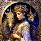 Fantasy artwork: Woman with starry aura, golden horse, and mystical feline in ornate