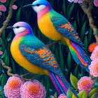 Colorful Birds with Floral Patterns Perched Among Pink and Purple Flowers