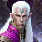 Elven character with white hair, green gem tiara, and purple royal attire