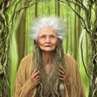 Elderly woman with white hair in mystical green forest