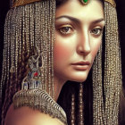 Digital artwork featuring woman in ornate gold headpiece and Egyptian-inspired jewelry