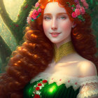 Radiant woman with auburn hair in green dress among ethereal forest