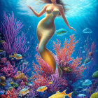 Mermaid with Long Flowing Hair Swimming Near Vibrant Coral Reefs