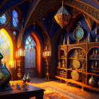 Fantasy-style interior with ornate windows, pottery shelves, and intricate lamp