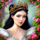 Fantasy queen digital art with golden crown, green eyes, pink blossoms