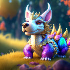 Vibrant digital illustration: Fanciful dragon-like creature in enchanted forest