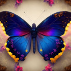 Symmetrical blue butterfly digital artwork with golden accents