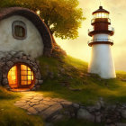 Illustration of cozy hillside house with circular door and lighthouse in warm sunset