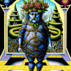 Vibrant surreal illustration of blue humanoid figure with tree-like features standing in ornate archway.