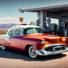 Vintage red and white car at old gas station under blue skies