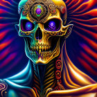 Vibrant digital art: Skull with gemstone eyes & ornate designs
