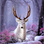 White stag with large antlers in snowy forest with pink foliage and mystical fog.