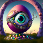 Colorful Eye Integrated into Egg-Like Structure in Surreal Landscape