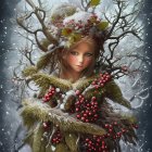 Young girl adorned with winter-themed nature elements like red berries and snow in attire and hair, emitting mystical