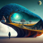 Surreal landscape with figure, wave-shaped tree, house, swirling sky, moon