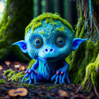 Blue creature with large ears in enchanted forest with mossy hair