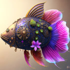 Intricate steampunk fish with metalwork, gears, pink and blue fins