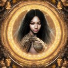 Digital artwork: Woman with black hair in golden circular frame, arm turns into mechanical structure