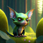 Illustration of green creature with big ears in sunlit forest