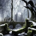 Snow-covered forest with ancient bridge and gothic ruin in misty winter scene