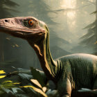 Detailed dinosaur illustration in lush forest with piercing eyes and sunlight.