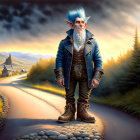 Elderly fantasy gnome on cobblestone road in village at dusk