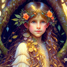 Curly-Haired Girl with Orange Flower Wreath in Mystical Forest