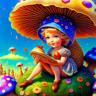 Colorful Illustration of Child with Mushroom Hat in Fantasy Landscape