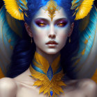 Blue-skinned female figure with yellow eyes and ornate golden jewelry resembling a mythical bird.
