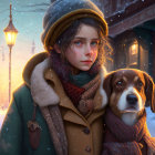 Young person holding a brown and white dog in winter snowfall at dusk